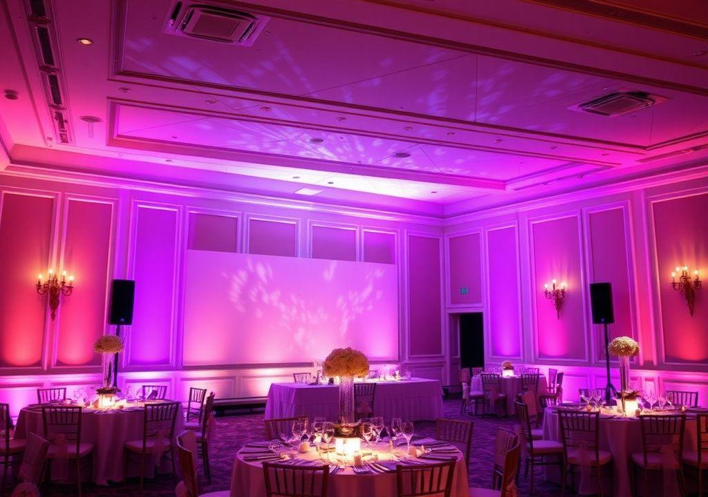 Warm event lighting design across a styled room