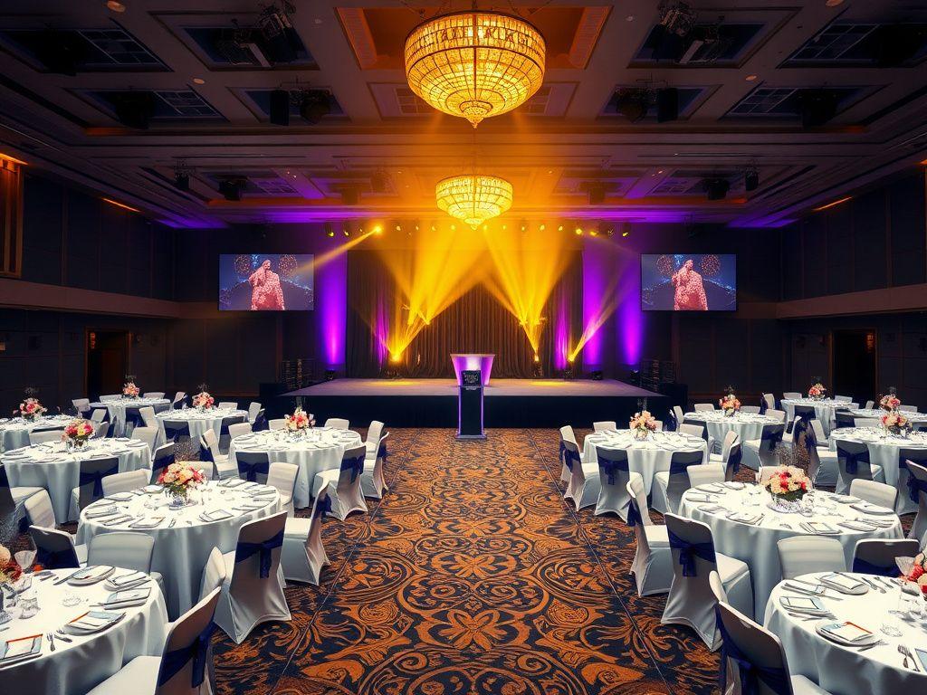 Corporate gala dinner setup with staging and lighting