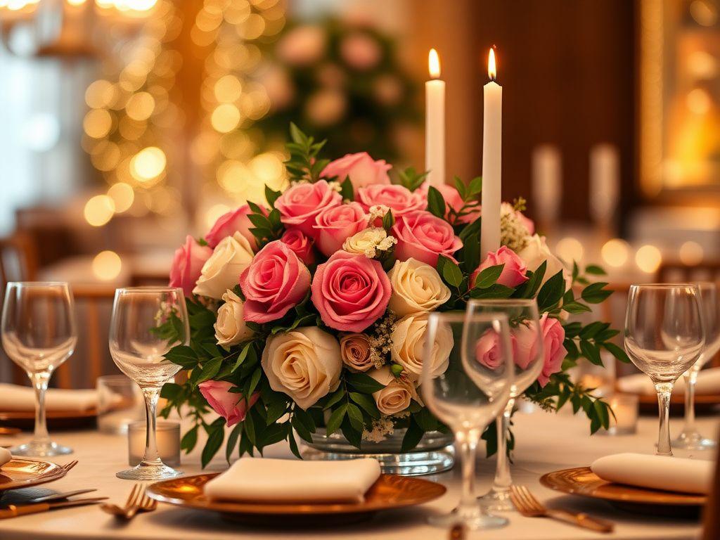 Floral centrepiece on a styled celebration table