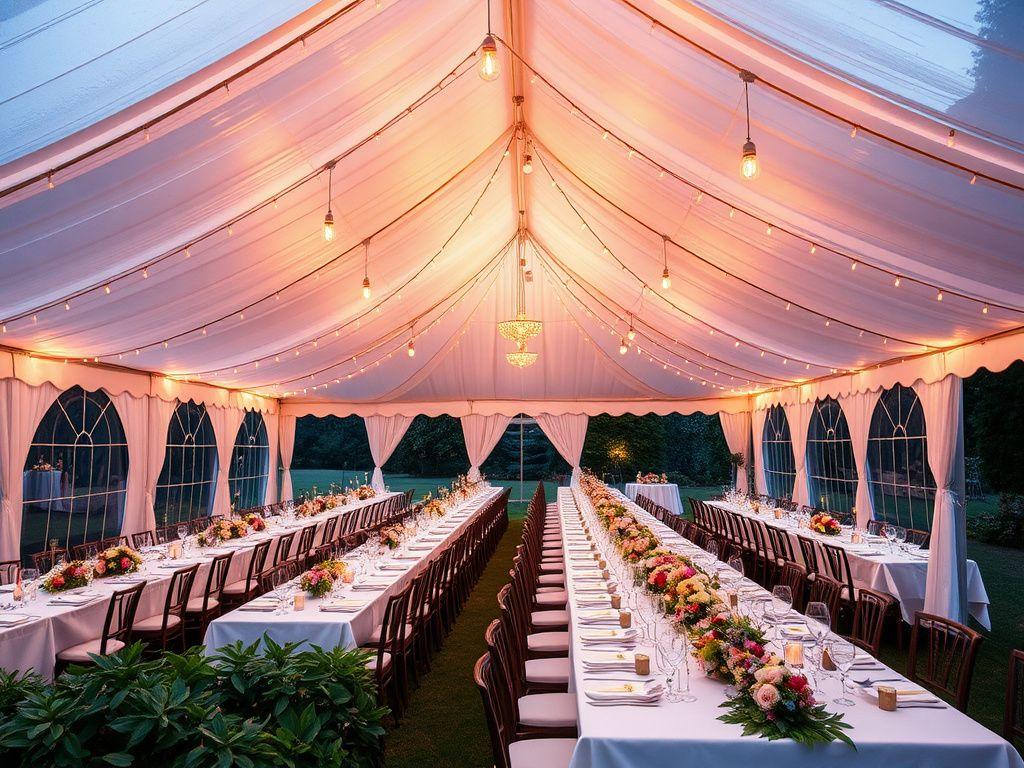Outdoor marquee dinner under warm lighting